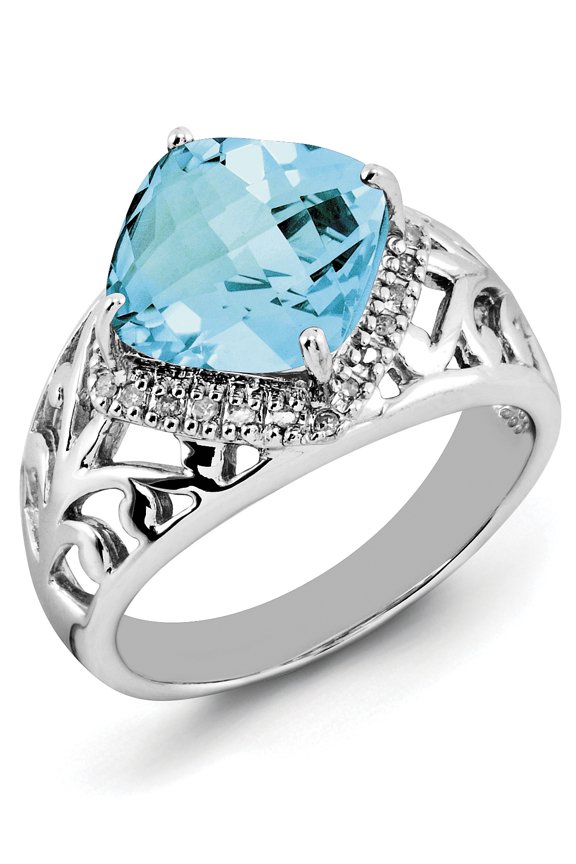 Sterling Silver Rhodium Checker-Cut Sky Blue Topaz & Diam. Ring