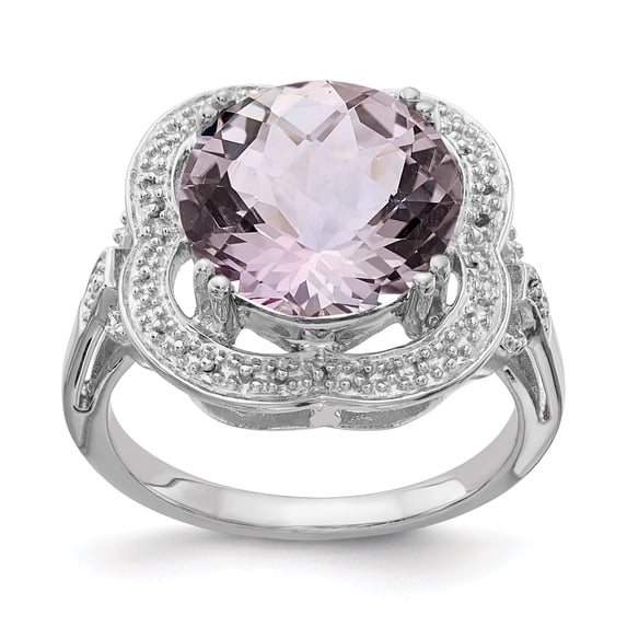 Sterling Silver Rhodium Checker-Cut Pink Quartz Ring - Size 7