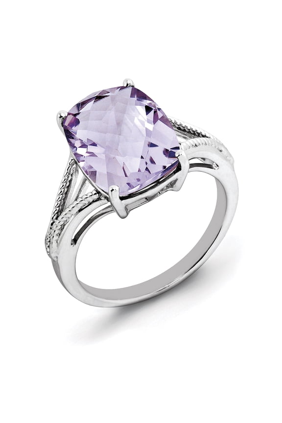 Sterling Silver Rhodium Checker-Cut Pink Quartz Ring