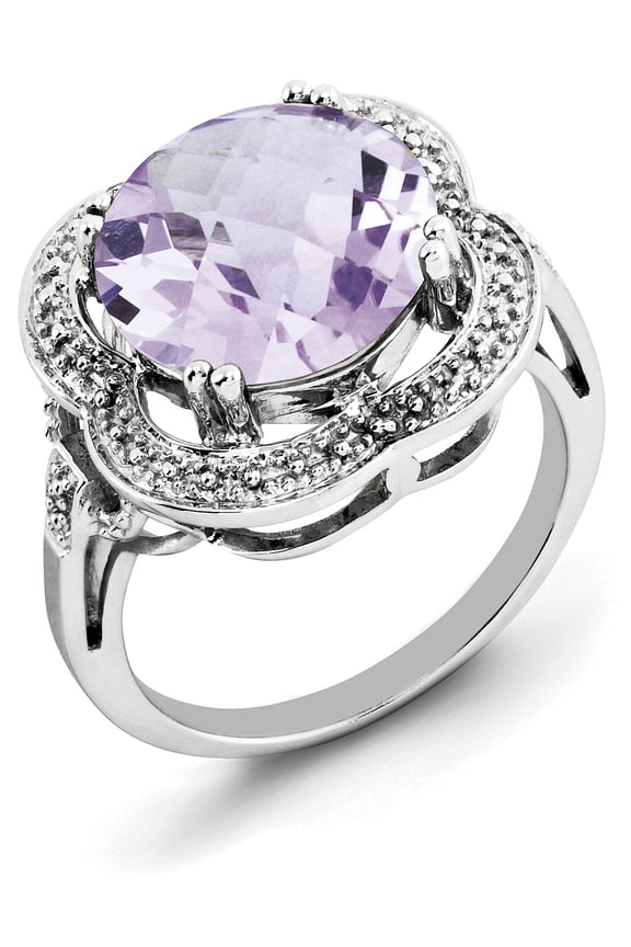 Sterling Silver Rhodium Checker-Cut Pink Quartz Ring