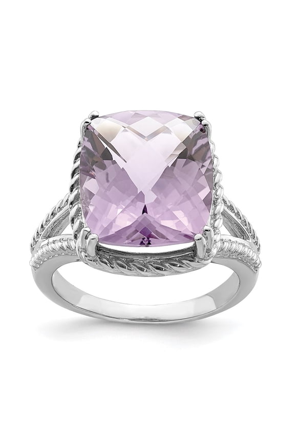 Sterling Silver Rhodium Checker-Cut Pink Quartz Ring