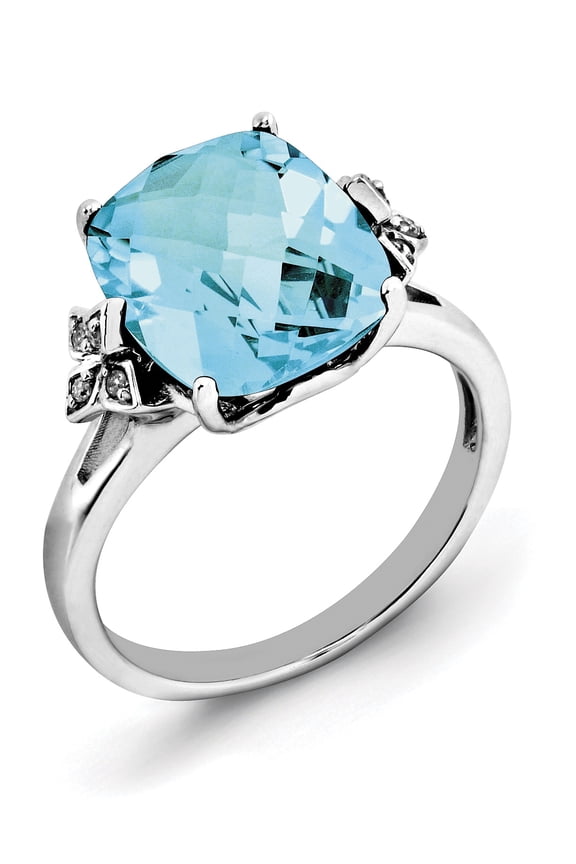 Sterling Silver Rhodium Checker-Cut Sky Blue Topaz & Diam. Ring (Size 7) Made In Thailand qr3191lsbt-7