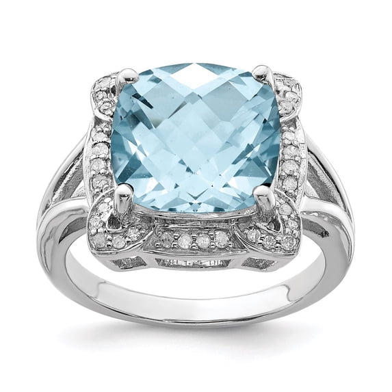 Sterling Silver Rhodium Checker-Cut Sky Blue Topaz & Diamond Ring