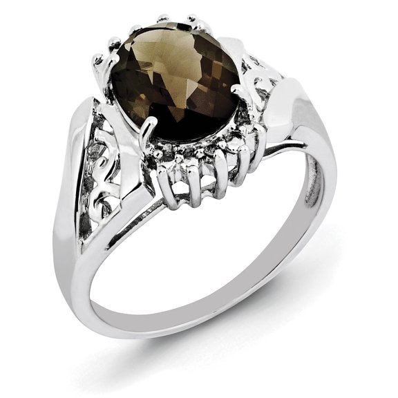 Sterling Silver Rhodium Checker-Cut Smoky Quartz & Oval Diamond Ring