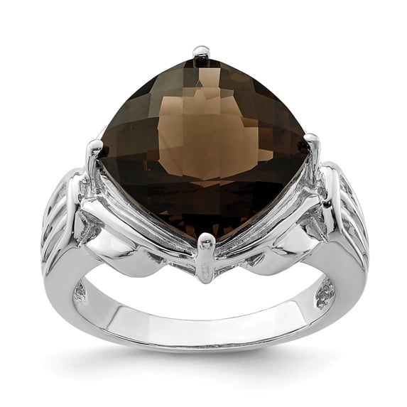 Sterling Silver Rhodium Checker-Cut Smoky Quartz Ring - Size 7
