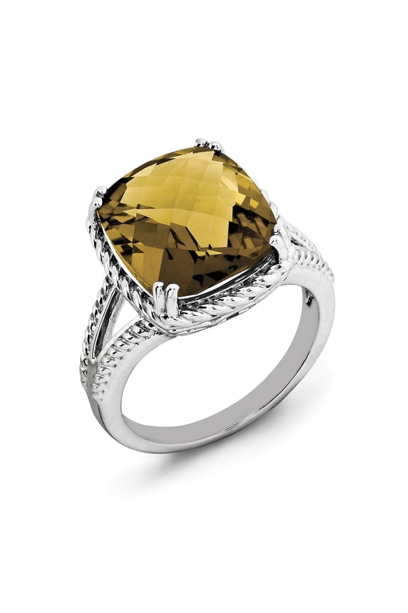 Sterling Silver Rhodium Checker-Cut Whiskey Quartz Ring