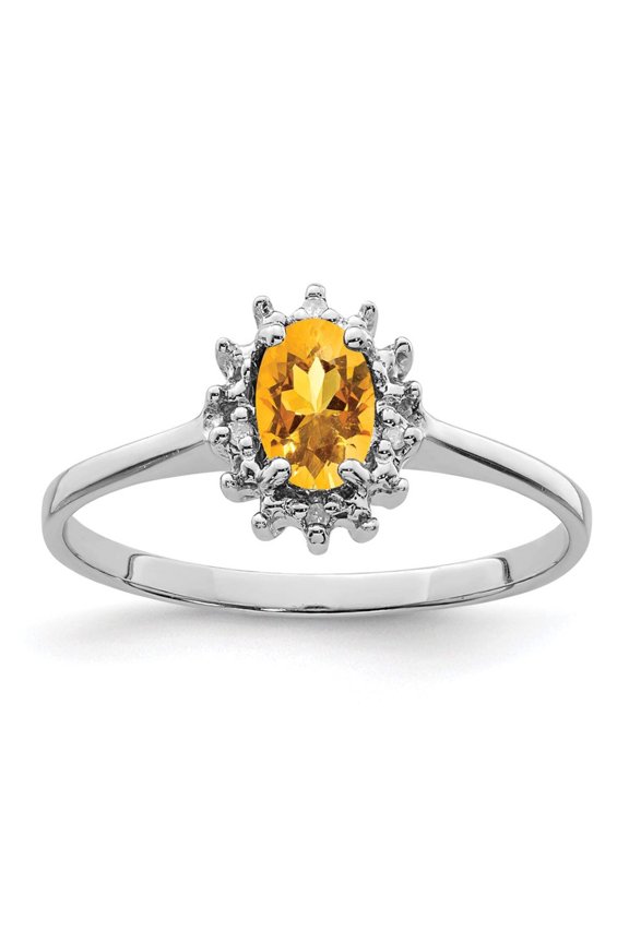 925 Sterling Silver Polished Rhodium Citrine Diamond Ring Size 6 2mm Wide - Jewelry Gift for Mom