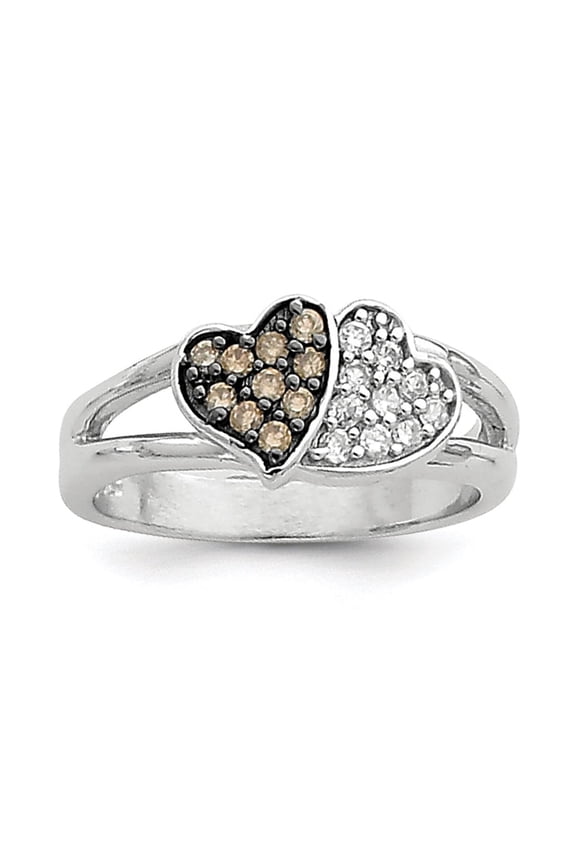 925 Sterling Silver Polished Rhodium Clear and Champagne Cubic Zirconia Love Hearts Ring Size 7 Statement Ring for Women