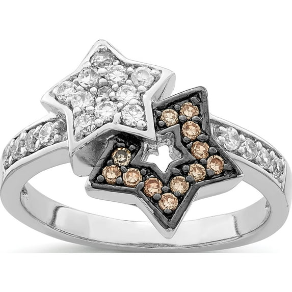 Sterling Silver Rhodium Clear & Champagne Cz Stars Ring (Size 7) Made In China qr2758-7
