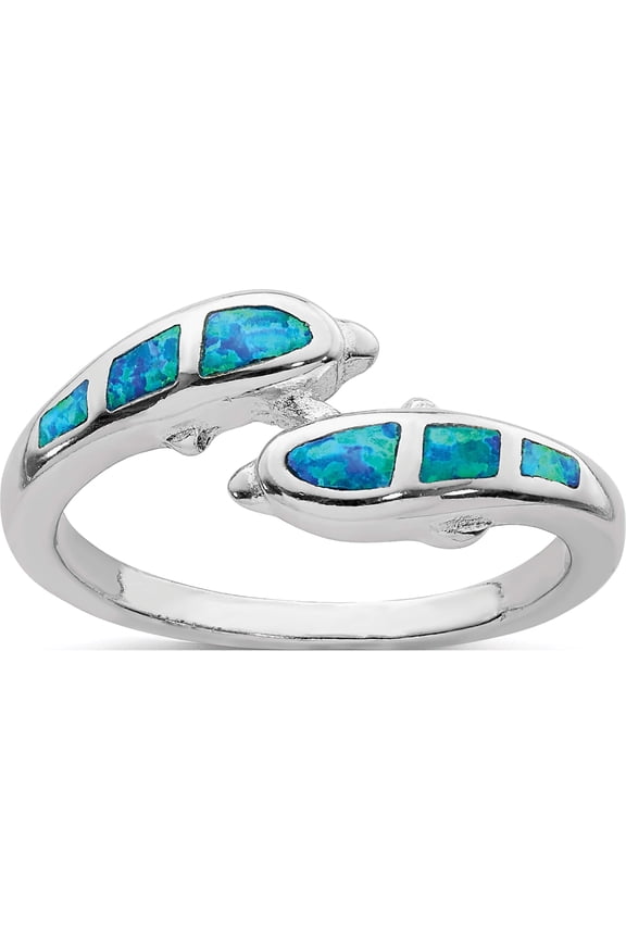Sterling Silver Rhodium-plated Created Blue Opal Dolphins Ring