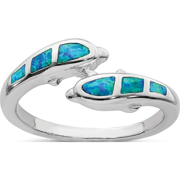 Sterling Silver Rhodium Created Blue Opal Dolphins Ring (Size 8) Made In China qr6030-8