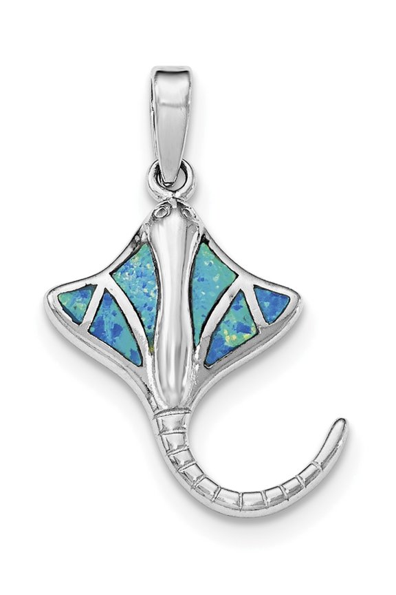 Sterling Silver Rhodium Created Blue Opal Manta Ray Pendant (31 X 17) Made In China qp4293