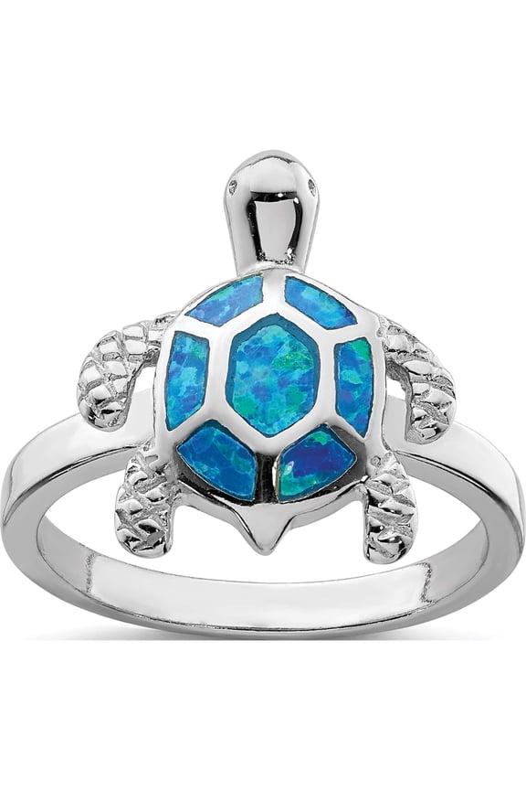Sterling Silver Rhodium Created Blue Opal Turtle Ring (Size 6) Made In China qr6029-6