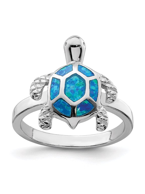 Sterling Silver Rhodium Created Blue Opal Turtle Ring