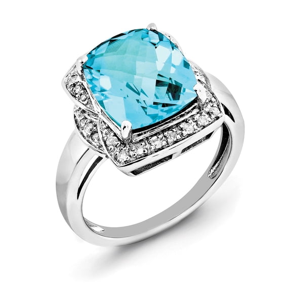 Sterling Silver Rhodium Diam. & Checker-Cut Light Swiss Blue Topaz Ring - Size 7