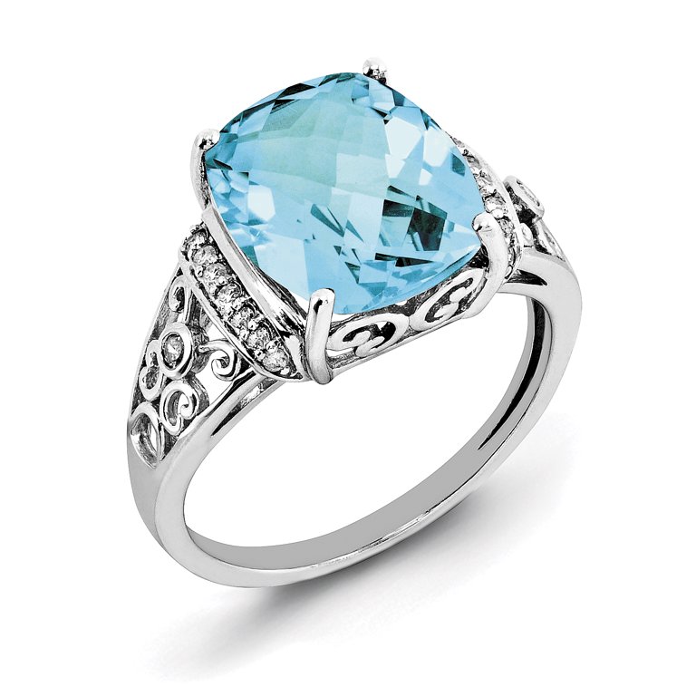 Sterling Silver Rhodium Diam. & Checker-Cut Light Swiss Blue Topaz