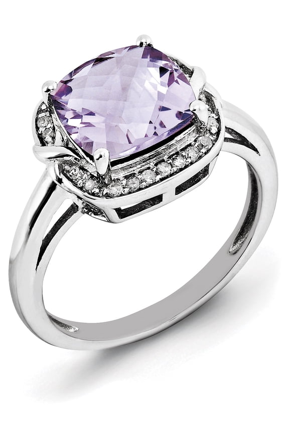 Sterling Silver Rhodium Diam. & Checker-Cut Pink Quartz Ring (Size 7) Made In China qr3039pq-7