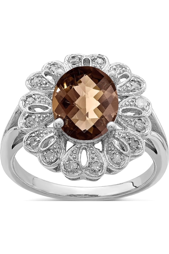 Sterling Silver Rhodium Diam. & Checker-Cut Smoky Quartz Ring (Size 5) Made In China qr3028sq-5