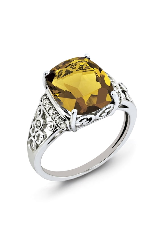 Sterling Silver Rhodium Diam. & Checker-Cut Whiskey Quartz Ring