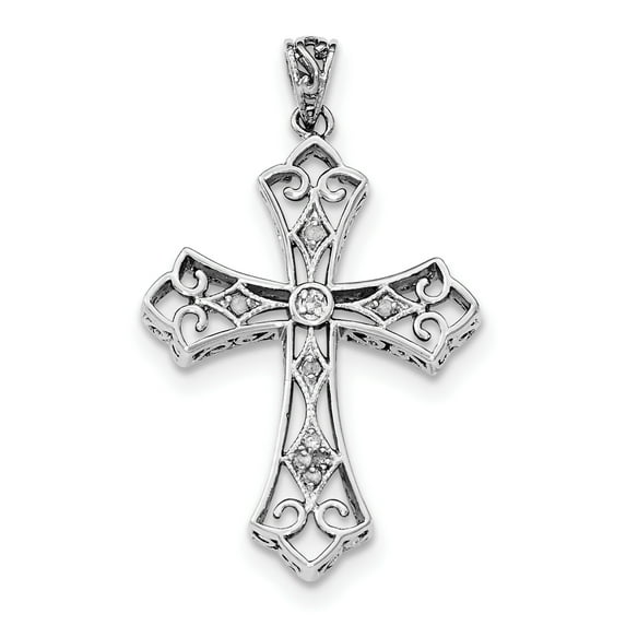 Sterling Silver Rhodium & Diam. Filigree Cross Pendant