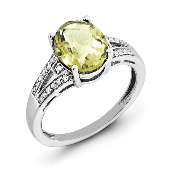 Sterling Silver Rhodium Diam. & Oval Lemon Quartz Ring