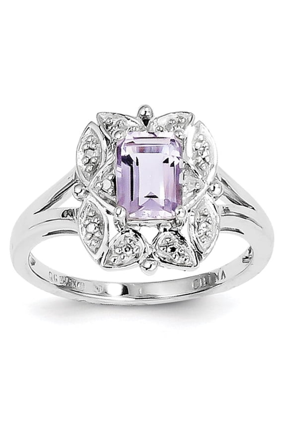 Sterling Silver Rhodium Diam. & Pink Quartz Ring