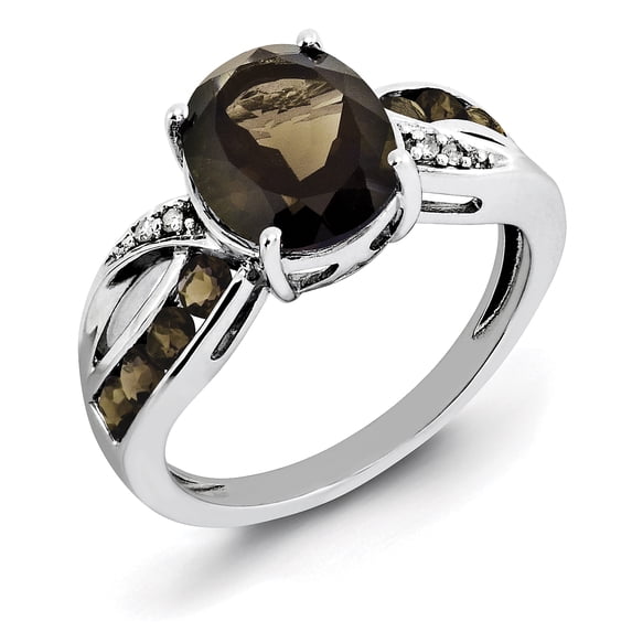 Sterling Silver Rhodium Diam. & Smoky Quartz Ring