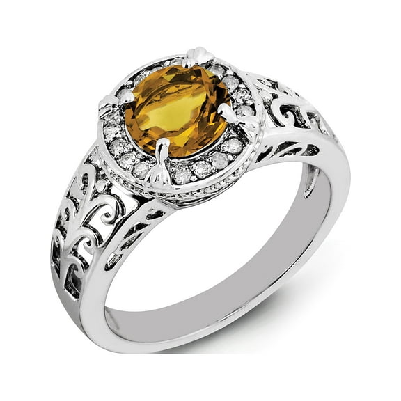 Sterling Silver Rhodium Diam. & Whiskey Quartz Ring (Size 7) Made In Thailand -Jewelry By Sweet Pea