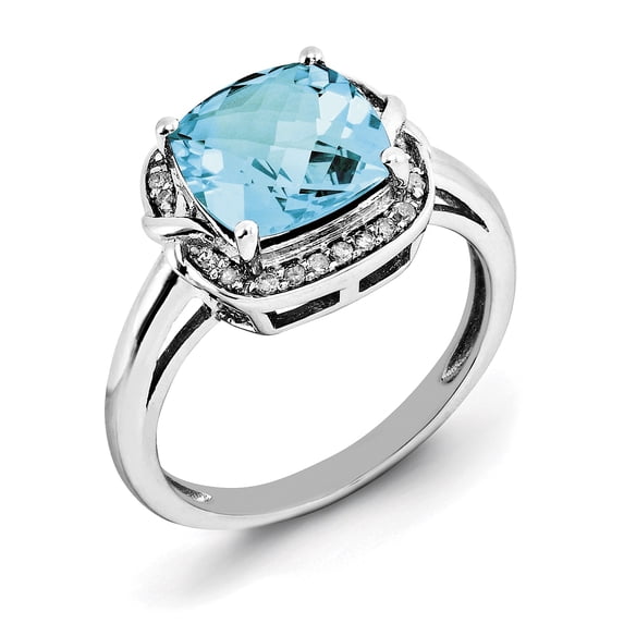 Sterling Silver Rhodium Diamond & Checker-Cut Blue Topaz Ring