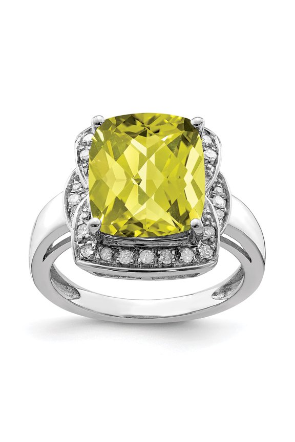Sterling Silver Rhodium Diamond & Checker-Cut Lemon Quartz Ring