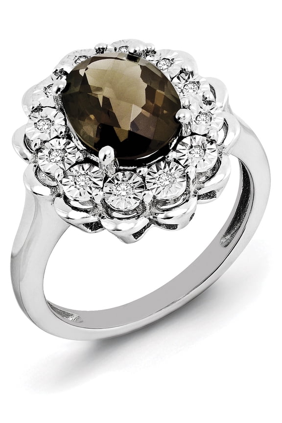 Sterling Silver Rhodium Diamond & Oval Checker-Cut Smoky Quartz Ring