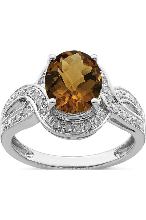 Sterling Silver Rhodium Diamond & Oval Checker-Cut Whiskey Quartz Ring