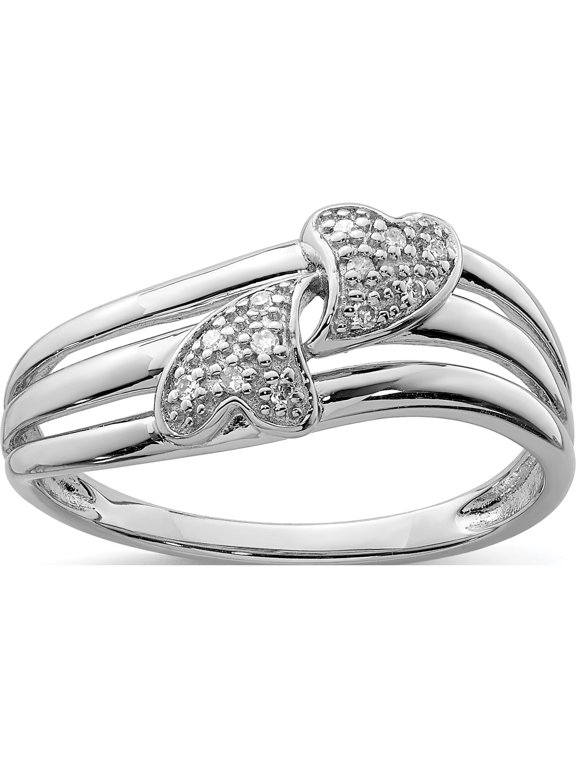 Sterling Silver Rhodium Plated Diamond Two Heart Ring