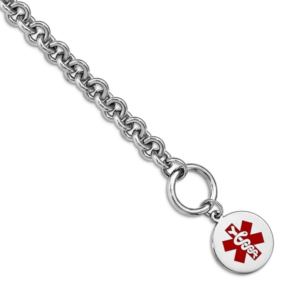 925 Sterling Silver Polished Enameled Disc Med ID Bracelet 7.75 Inch Toggle 16mm Wide - Jewelry Gift for Mom