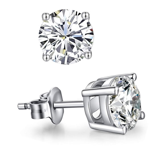 Sterling Silver Rhodium Finish 6mm Round Cubic Zirconia Stud Earring