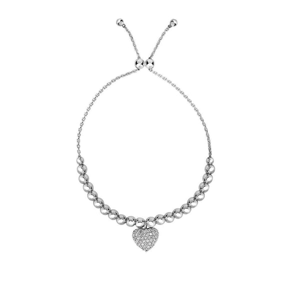 Sterling Silver Rhodium Finish Bead Heart Element Cable Chain Bracelet Cubic Zirconia - 9.25 Inch