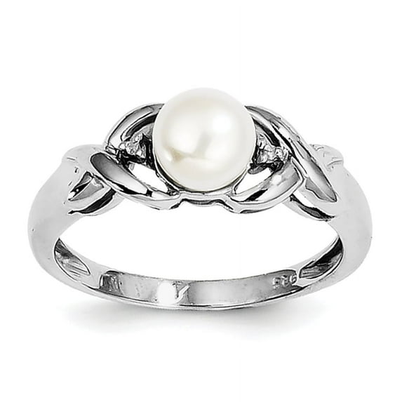 Sterling Silver Rhodium Freshwater Cultured Button Pearl & Diamond Ring