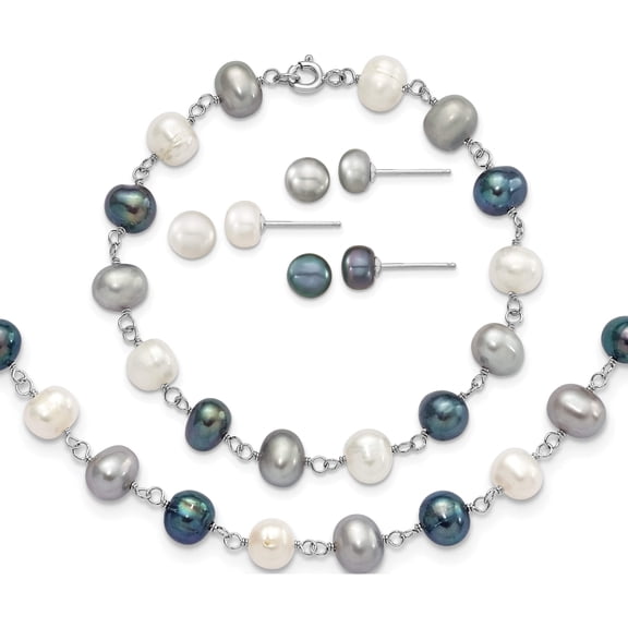 Jewelry by Sweet Pea Sterling Silver Rhodium-plated 6-8mm White, Grey and Black Semi-Round Freshwater Cultured Pearl 18 inch Necklace and 7.25 inch Bracelet and 3-piece Button Post Earrings Set