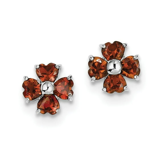 Sterling Silver Rhodium Garnet Flower Post Earrings - 2.18 cwt - Measures 9x9mm Wide