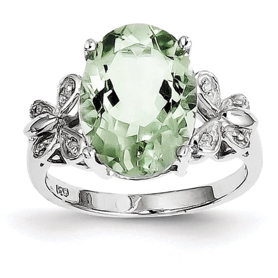 Sterling Silver Rhodium Green Quartz & Diamond Ring