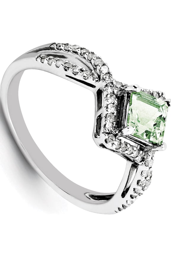 Sterling Silver Rhodium Green Quartz & Diamond Ring
