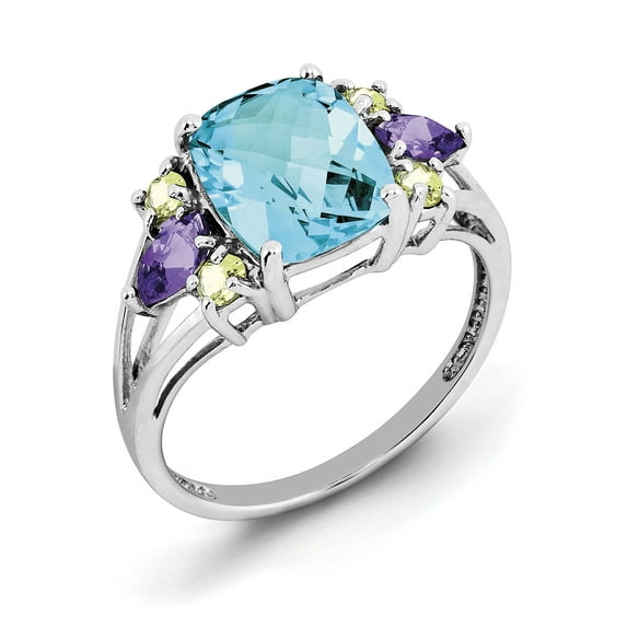 Sterling Silver Rhodium Light Swiss Blue Topaz, Amethyst & Peridot Ring