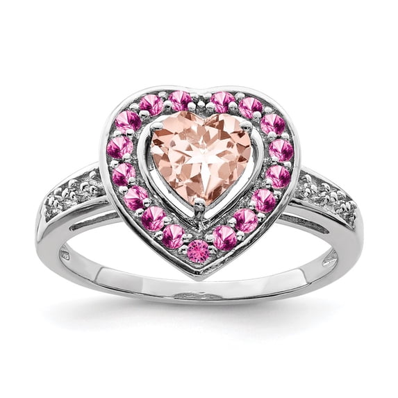 Sterling Silver Rhodium Morganite/Pink Sapphire/WT Heart Ring