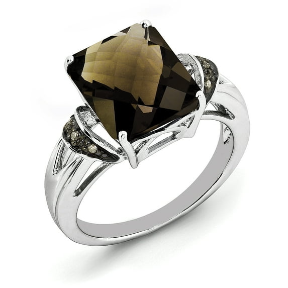 Sterling Silver Rhodium Octagonal Checker-Cut Smoky Quartz & Diam. Ring