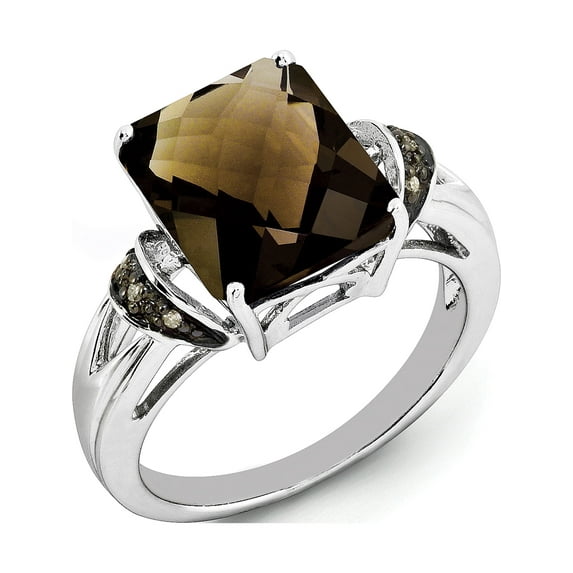 Sterling Silver Rhodium Octagonal Checker-Cut Smoky Quartz & Diamond Ring