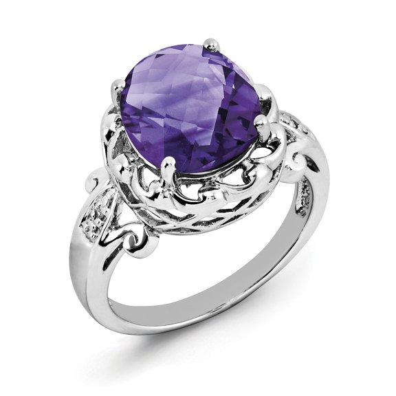 Sterling Silver Rhodium Oval Checker-Cut Amethyst & Diamond Ring