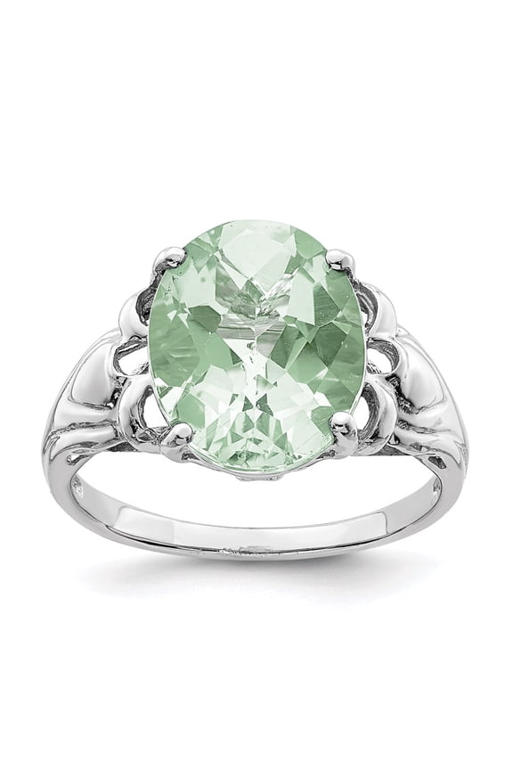 Sterling Silver Rhodium Oval Checker-Cut Green Quartz Ring