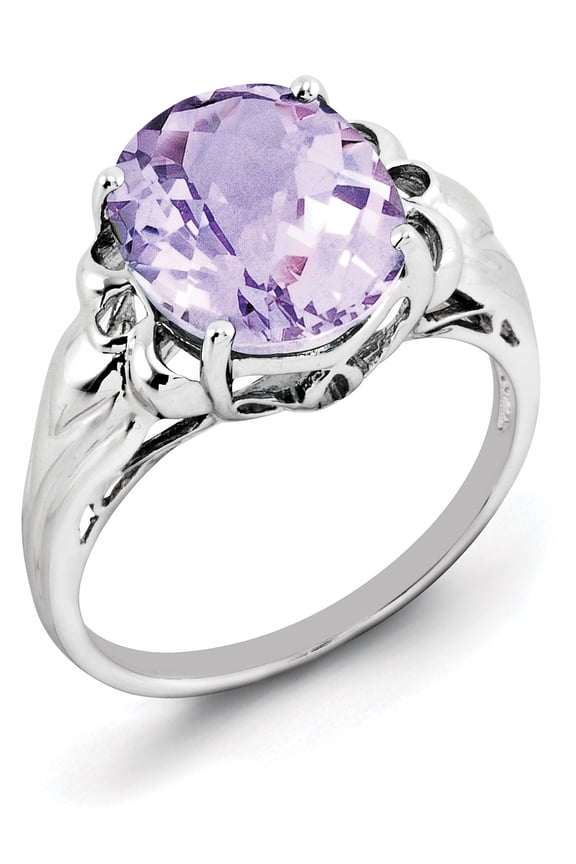 Sterling Silver Rhodium Oval Checker-Cut Pink Quartz Ring