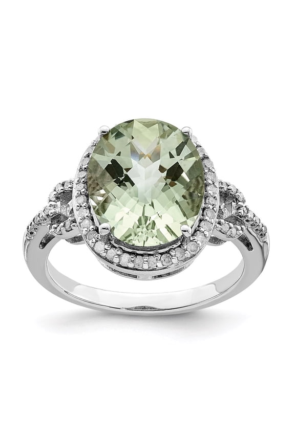 Sterling Silver Rhodium Oval Diamond & Checker-Cut Green Quartz Ring