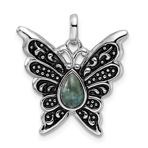 Sterling Silver Rhodium/Oxidized Reconstituted Turquoise Butterfly Pendant QP5013